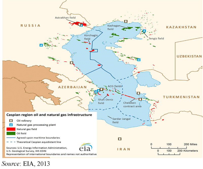 Figure 1: The proposed and already effective division of the Caspian basin