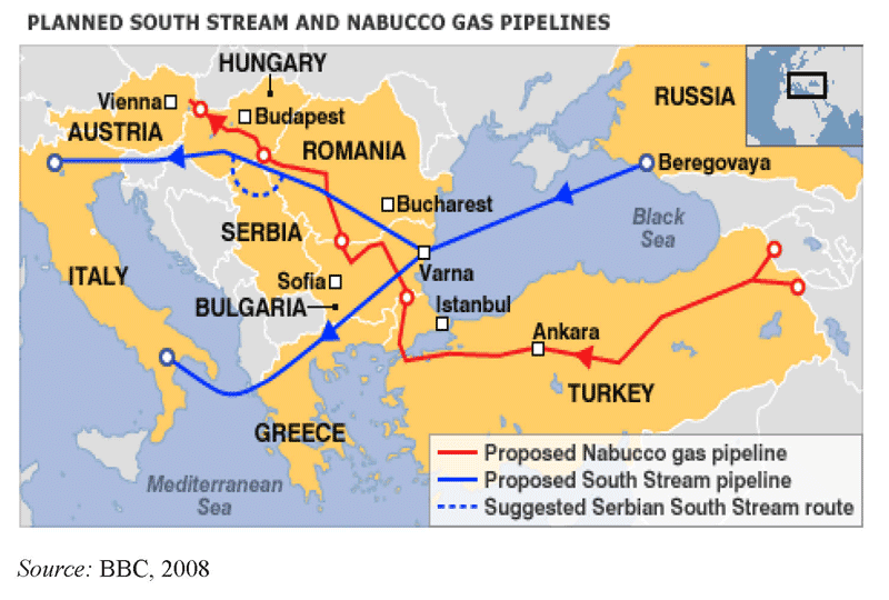 Figure 2: The planned South Stream and Nabucco gas pipelines