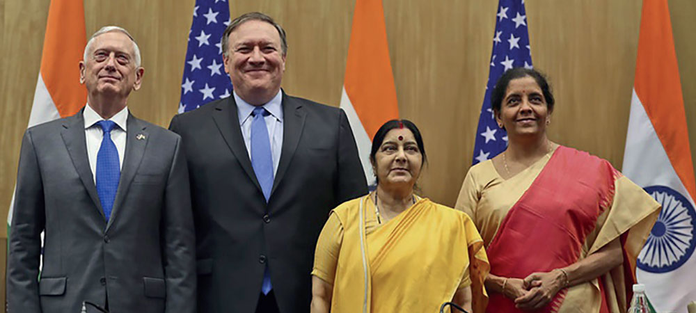 New Delhi, September 2018. U.S. Secretary of State Mike Pompeo and Secretary of Defense Jim Mattis and their Indian counterparts, External Affairs Minister Sushma Swaraj and Defense Minister Nirmala Sitharaman. Source: Manish Swarup, AP Photo.