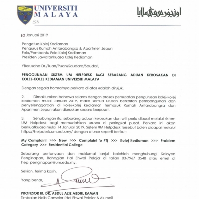 PENGGUNAAN SISTEM UM HELPDESK BAGI SEBARANG ADUAN KEROSAKAN DI KOLEJ-KOLEJ KEDIAMAN UNIVERSITI MALAYA