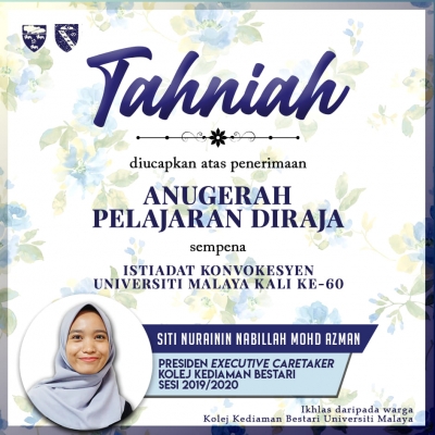 TAHNIAH SAUDARI AININ, PENERIMA ANUGERAH PELAJARAN DIRAJA SESI 2019/2020