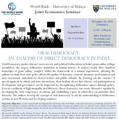 World Bank-UM Joint Economics Seminar @ 28 Nov 2019 @ DK4, Faculty of Economics and Administration, University of Malaya